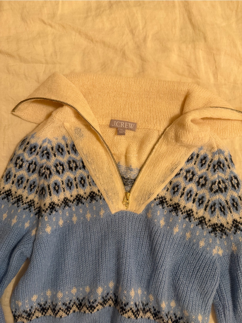 J. Crew Light Blue and Cream Fair Isle Zip Sweater